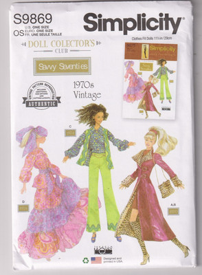 9869 SIMPLICITY Doll Collector - 1970s WARDROBE for 11.5'' Fashion DOLL
