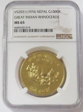 VS2031 (1974) GOLD NEPAL GREAT INDIAN RHINOCEROS CONSERVATION SERIES NGC MS 65