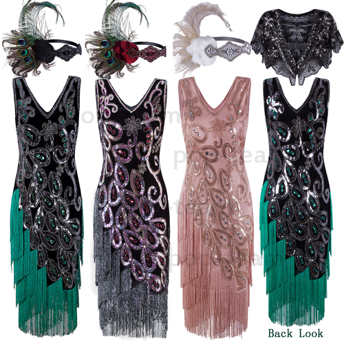 Roaring 20s Vintage Peacock Style 1920s Flapper Gatsby Evening Party Prom Dress - Afbeelding 1 van 31