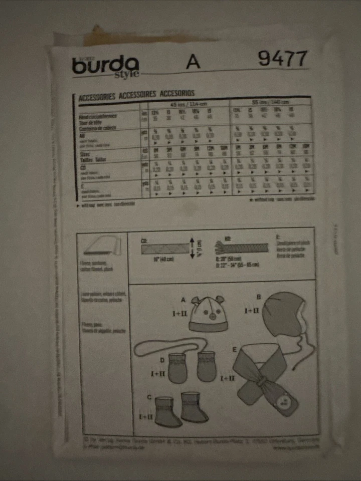 New Burda 9477 Infant Hats Scarfs Booties & Mittens Pattern 1 3 6 9 12 18 Months - Image 2 of 2