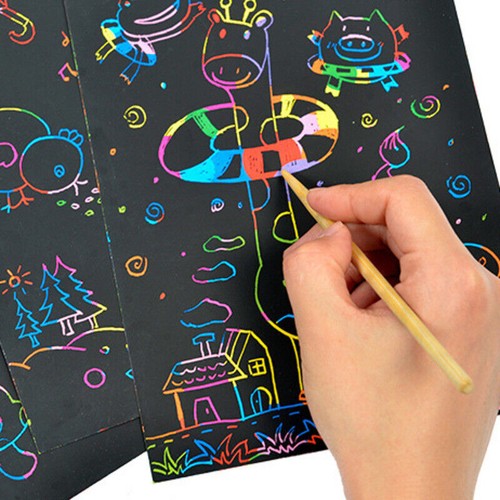 50 Sheets Scratch Art Paper Magic Rainbow Painting Doodle Boards 5 Wooden Stylus - Picture 10 of 10