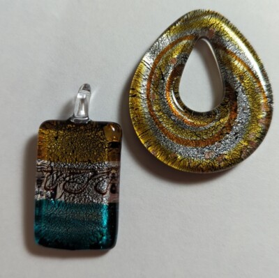 Lot Of 2 Glass Pendants 1 Large Open Teardrop 1 Rectangle Teal Gold Silver Foil