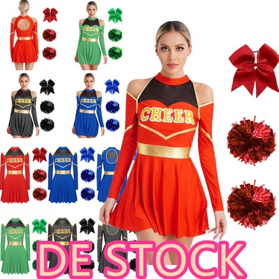 DE Cheer Leader Kostüm Damen Cheerleading Uniform Schulmädchen Kleid mit Pompoms