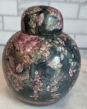 C&F Enterprises Vintage Chinese Porcelain Ginger Jar Teal w/Pink Floral Pattern 