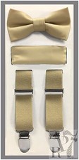 Beige NEW Boy's Clip Suspender Bow tie  Pocket Square Handkerchief 3 pieces set