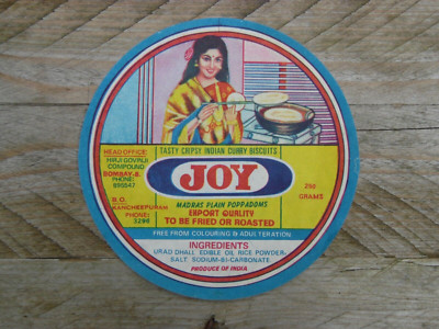 Vintage Original unbenutzt JOY Poppadoms Papier Verpackung Etikett Werbung