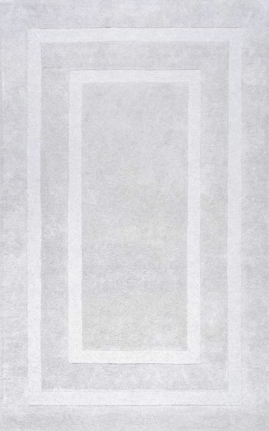 Double Border Solid Grey Loop & Cut Hand-Tufted 100% Wool Soft Area Rug Carpet - Image 2 of 4