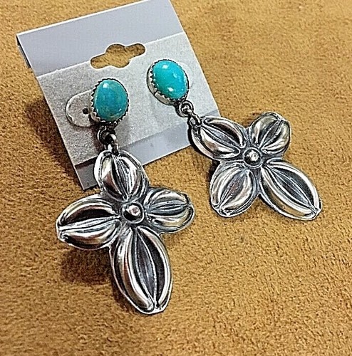 Sterling Silver .925 Kingman Turquoise Repousse Cross 1" x 2" dangle Earrings - Picture 7 of 8