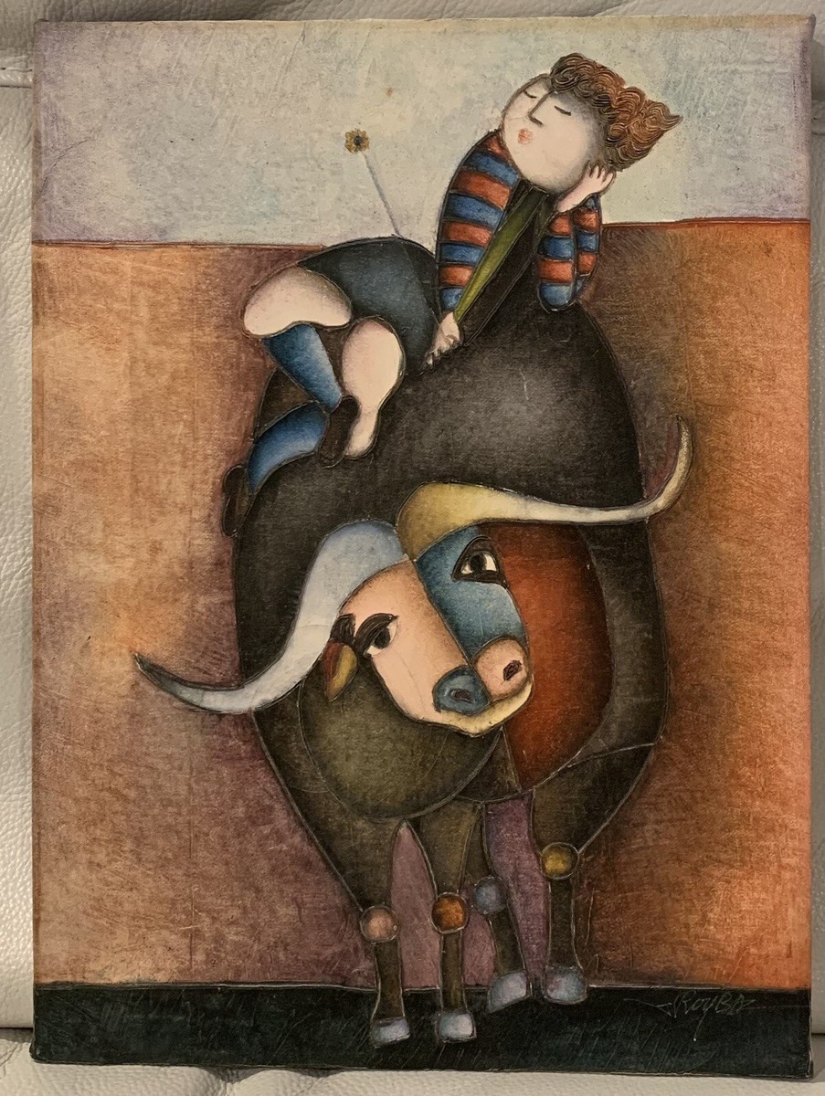Vintage J. Roybal Oil Painting youngster sitting on a Bull 12