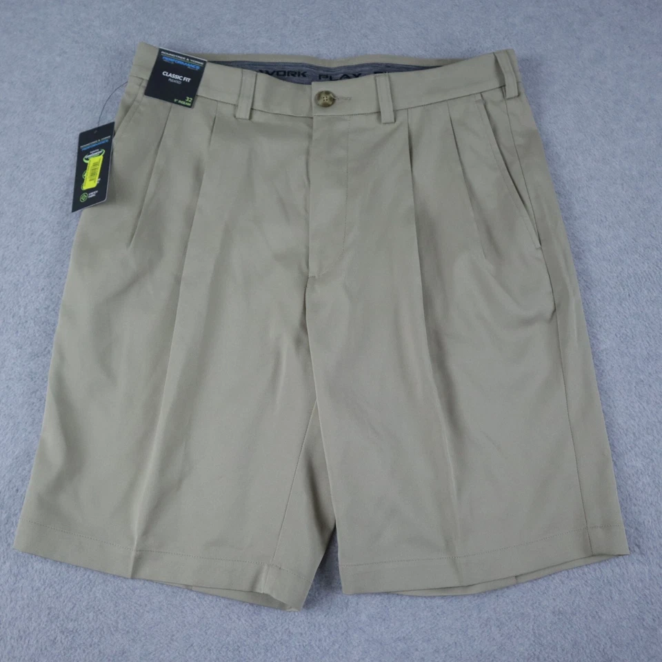 Мужские шорты Roundtree & Yorke 32 Classic Fit Performance для гольфа плиссированные бежевые новые с ценниками - Изображение 2 из 4