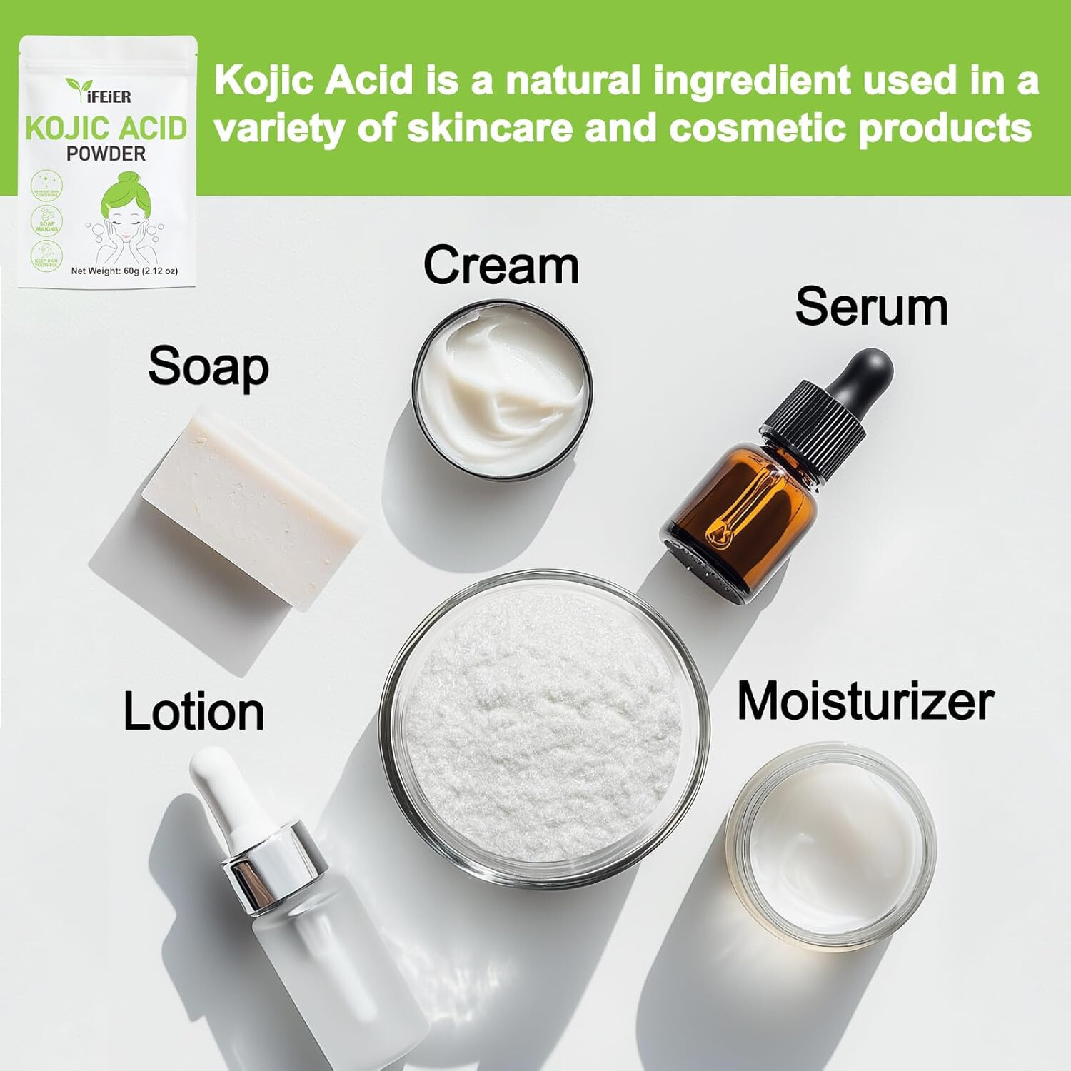 Pure Kojic Acid Powder 60g (2.12oz) for Skincare Products & Homemade Cosmetics