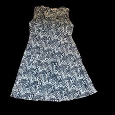 East Size 16 Blue Paisley Linen Sleeveless Chore Tunic V Neck Dress Summer Women