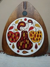 Vintage Fred Press Hard Wood Ceramic Gold Red Pears & Apples Cheese Board Tile