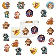 500 pcs Sticker Seals Roll Cute Cartoon Monkey 🐒 Semi Gloss Self Adhesive NEW