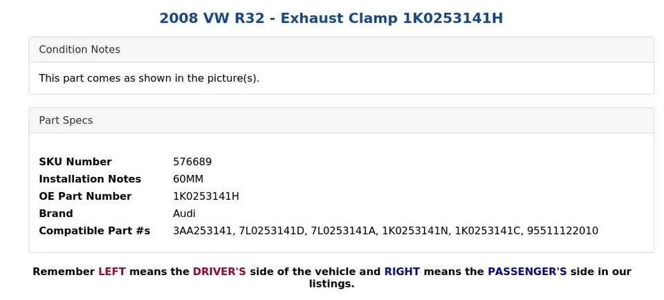 2008 VW R32 - выхлопной зажим 1K0253141H - Изображение 4 из 4