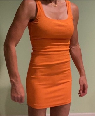 La Sirene Orange Knit Bodycon Mini Dress Square Neck Strappy Sleeveless P/S