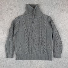 LL Bean Sweater Womens Large Gray Cable Knit Cowl Neck Pullover Fisherman Pocket