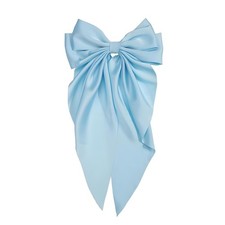 Light Blue Satin Hair Bow Barrette Large French Metal Bowknot Long Tails