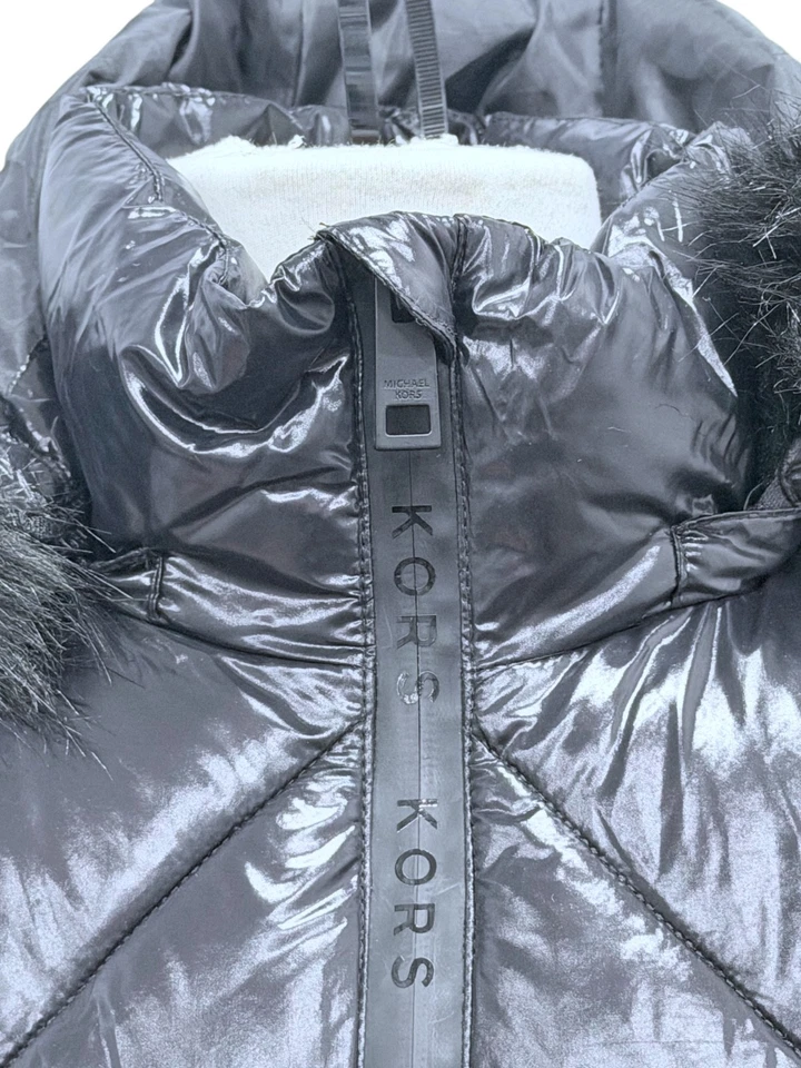 Michael Kors Quilted Puffer Jacket Black Faux Fur Hood Logo Trim Women’s L NWT - Image 3 of 4