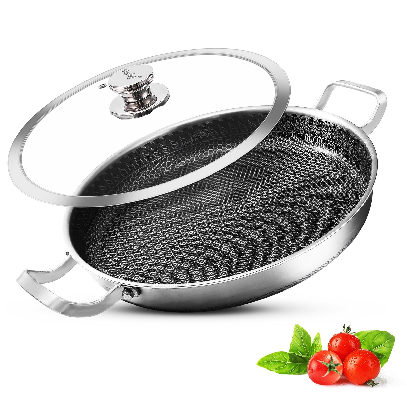 13 Inch Paella Pan, Stainless Steel with Lid, Honeycomb Nonstick Coating, Ove...