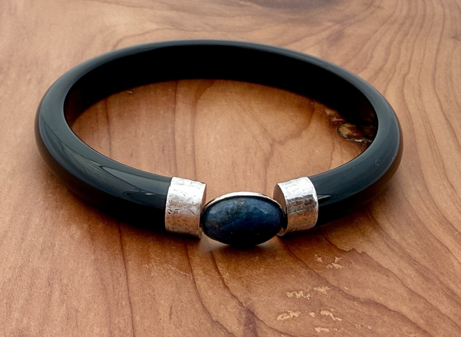 Solid Black Onyx Bangle Sterling Silver Blue Lapi… - image 6