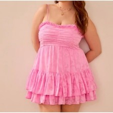 Arula Pink Floral Jacquard Mini Dress Smocked Ruffle Barbiecore Size OX 10/12