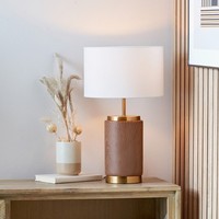 Ceramic Table Lamp with White Drum Shade Wood Effect Gold Detail Bedside Light