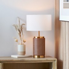 Image of Ceramic Table Lamp with White Drum Shade Wood Effect Gold Detail Bedside Light
