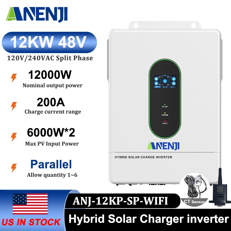 ANENJI 12KW 48V Hybrid Solar Inverter Split Phase 120V/240V Dual MPPT 200A Parallel CT