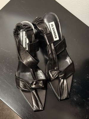 Jil Sander Black Leather Slingback Heeled Sandals Women s Square Toe Knot