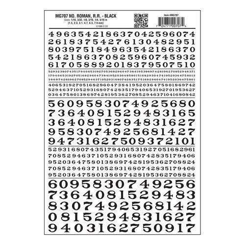 Numbers Dry Transfer Sheet, Roman RR Black Woodland Scenics MG707