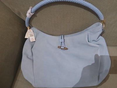 Talbots Blue Suede Shoulder Bag Braided Top Handle Zippered Top NWT 