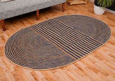 Tapis ovale en jute rayé bleu tissé à la main tressé naturel tapis... - Photo 1/4