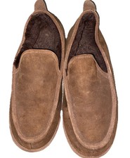 LL Bean Shearling Slippers Mens 12 Brown Suede Lined Moccasin House Shoes