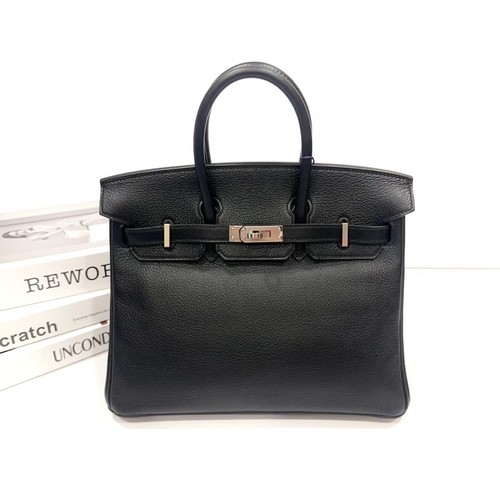 Hermes Birkin 25 Black Leather Palladium HW Womens Satchel Handbag Auth
