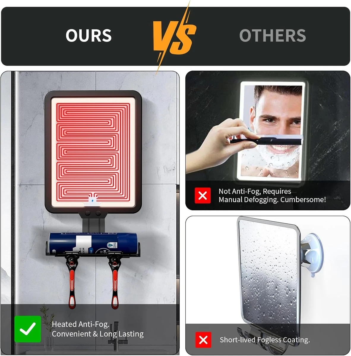 Lighted Shower Mirror Fogless for Shavin Heated Fog Free Large 9.5*7inch 3 Color