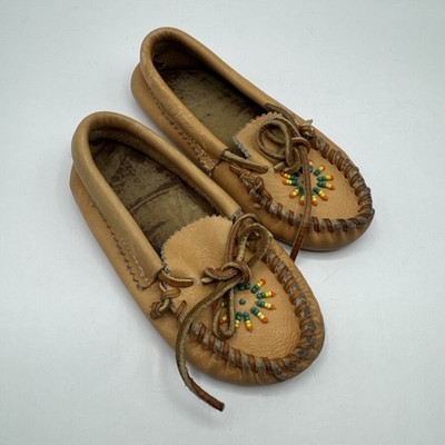 Indian Maid Deer Skin Moccasins Beaded Kids Size 7 Natural Style