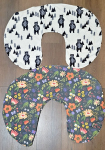 2 Boppy Nursing Pillow Covers (only), black & white bear and floral flowers 