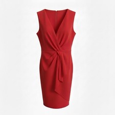 Elie Tahari Red Sheath Dress Sleeveless Tie Front V-Neck Knee Length