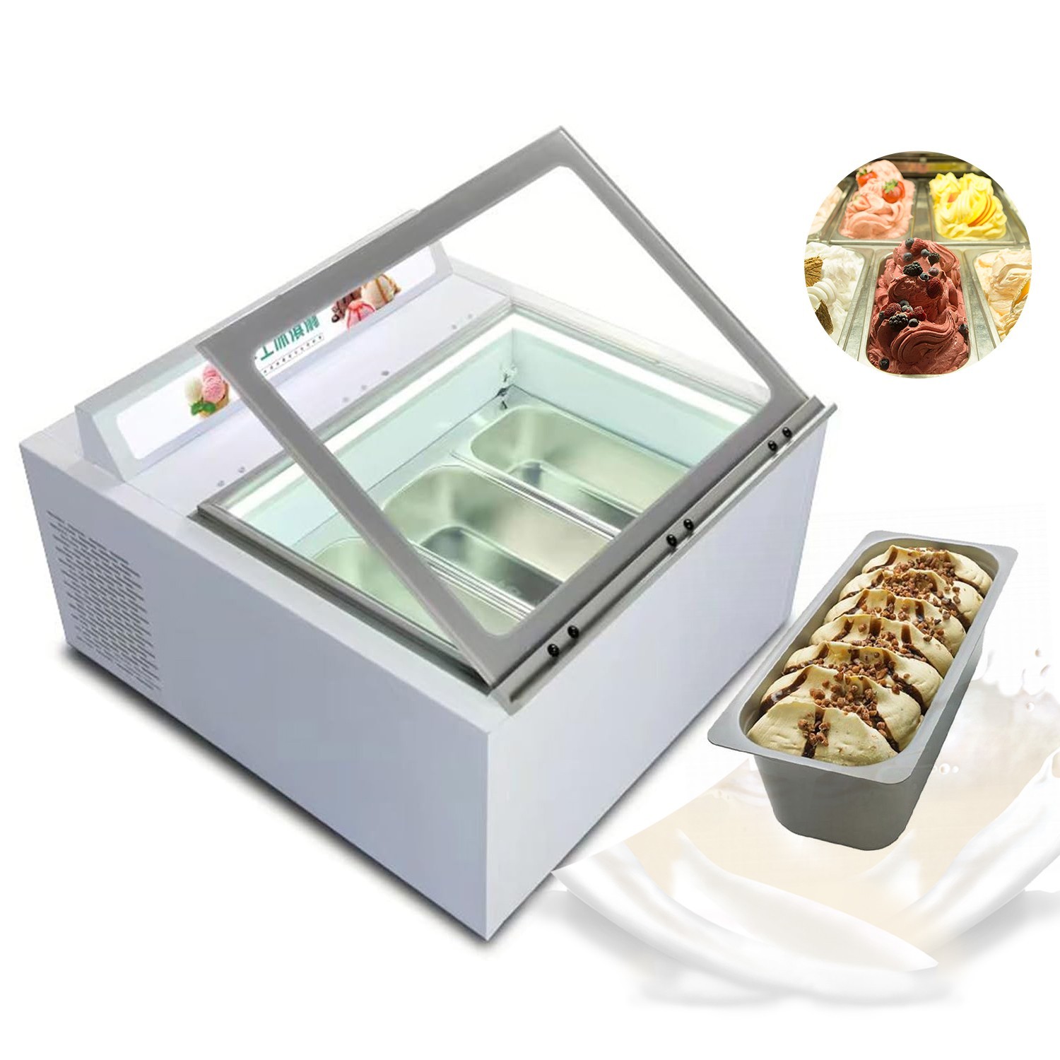 Commercial 3 Pans Ice Cream Showcase Gelato Dipping Cabinet Freezer Auto Defrost