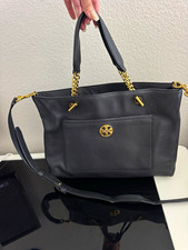 Tory Burch Black Pebbled Satchel Top Handle Bag Gold Chain Zip Detachable Strap