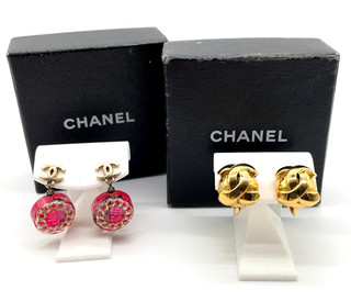 Auth CHANEL 14S Coco Mark Resin Tweed Design/Round GP Earrings Set2 W/B SK120185