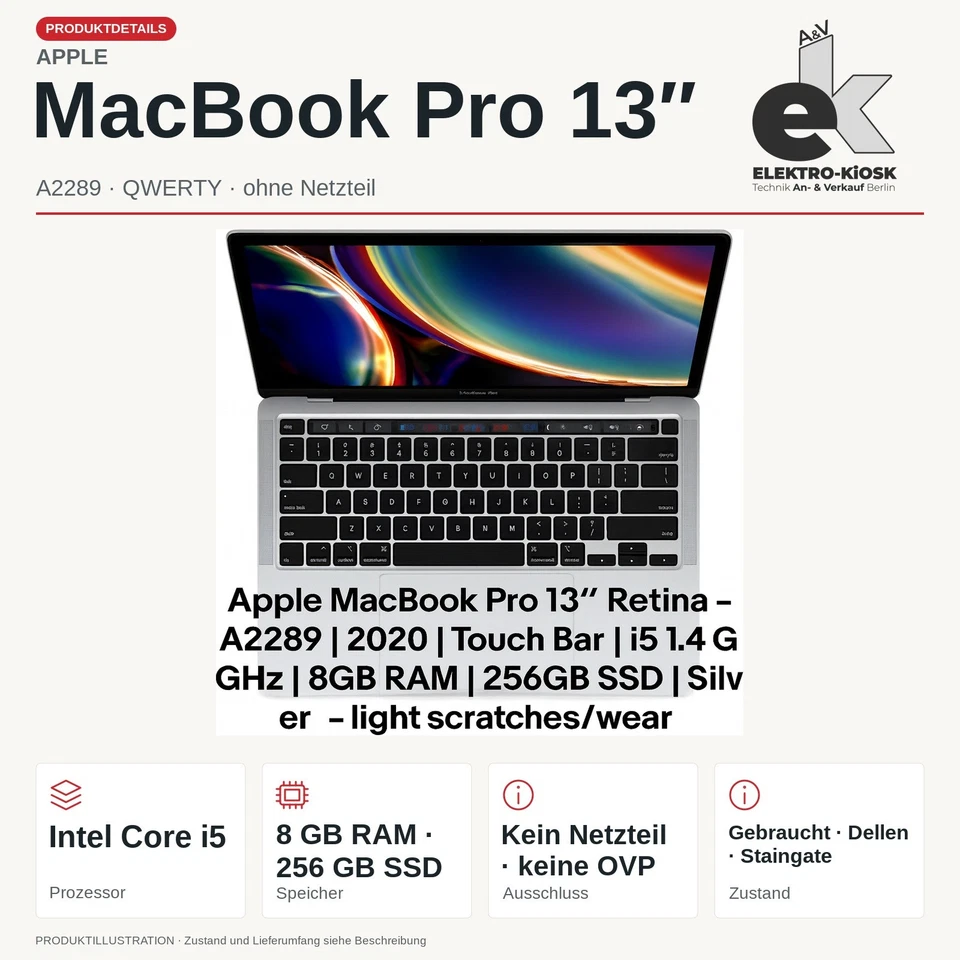 Apple MacBook Pro 13,3 Zoll (256GB SSD, Intel Core i5 8. Gen, 3,90 GHz, 8GB)..., Foto 1 von 5