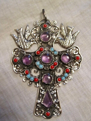 MATL CROSS PENDANT 3.25'' TURQUOISE AMETHYST CORAL TAXCO MEXICO TS-120 ESCORCIA