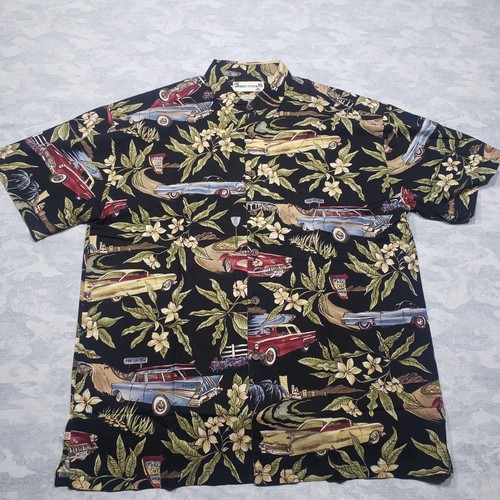 Robert Stock Hawaiianisches Shirt Herren groß schwarz kurzärmelig Knopf Chevey Auto Aloha