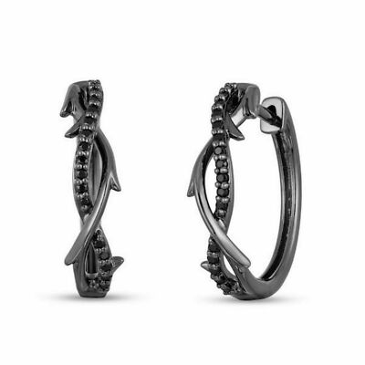 Round Cut 1/3CT Black Natural Diamond Hoop Earrings 14k Black