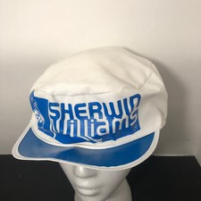 Vintage Sherwin Williams Painters Cap Hat White Blue USA Made Stretch American