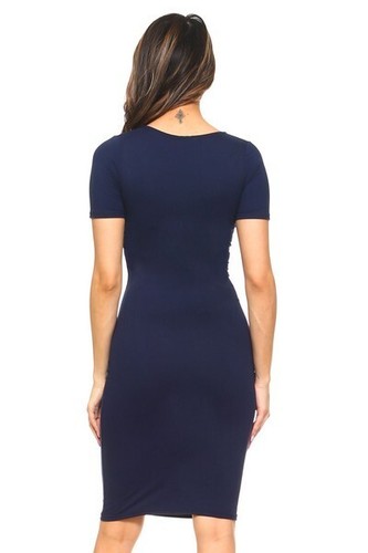 Women's short sleeve crew neck midi knee length bodycon NAVY dress Sz SMALL NWT - Picture 3 of 4