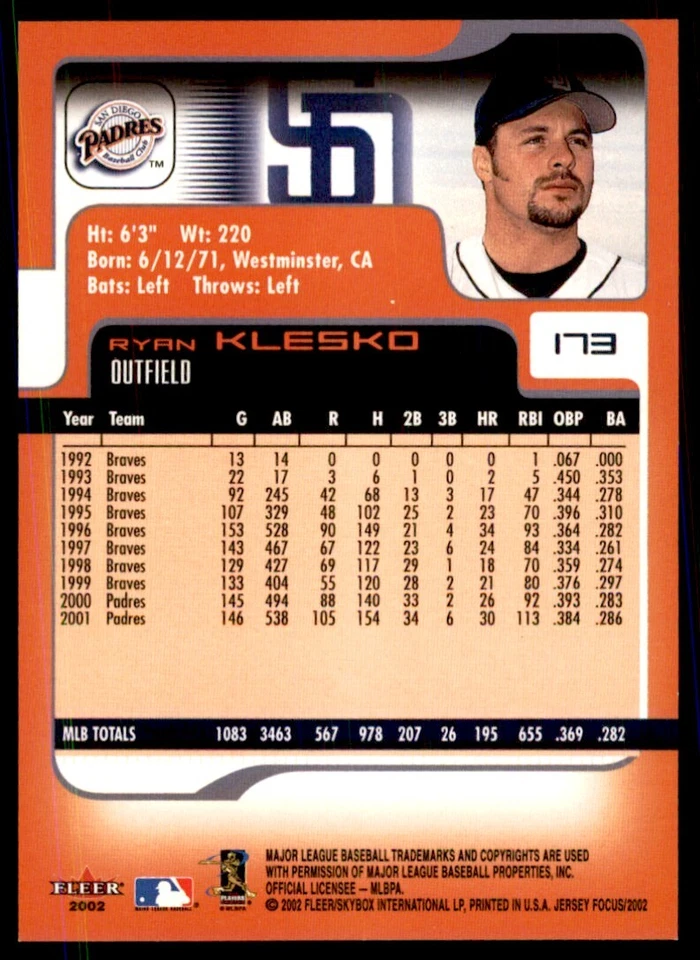 2002 FLEER FOCUS RYAN KLESKO SAN DIEGO PADRES #173 - Image 2 of 2