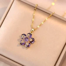 Fashion Purple Golden Flower Rhinestone Heart Pendant Necklace Women Gift New